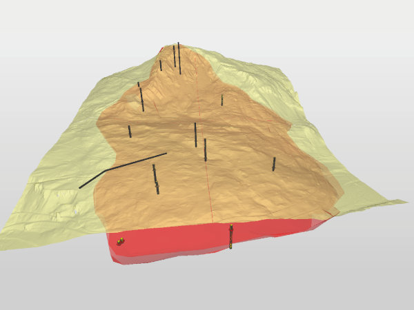 Frontansicht des BIM-Modells von Brienz mit Geländemodell (gelb), Gleitfläche (rot), SoSto und Kernbohrungen (schwarz)