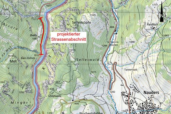 Übersichtskarte des zu untersuchenden Strassenabschnitts. Die Felsschraffur zeigt das stark eingeschnittene, steile Inntal.