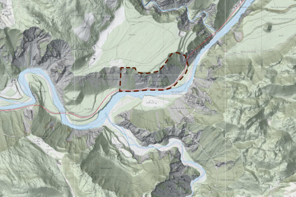 Übersichtsplan mit Projektperimeter (gestrichelt) und RhB-Linie (rot)