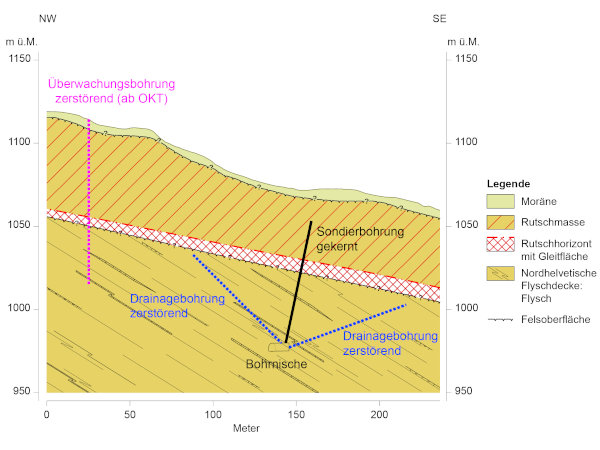 Geologisches Querprofil mit der geplanten Lage des Sondierstollens unterhalb der Rutschmasse. Von den Bohrnischen aus werden dann entsprechende Bohrungen zur Untersuchung, Drainage und Überwachung ausgeführt.